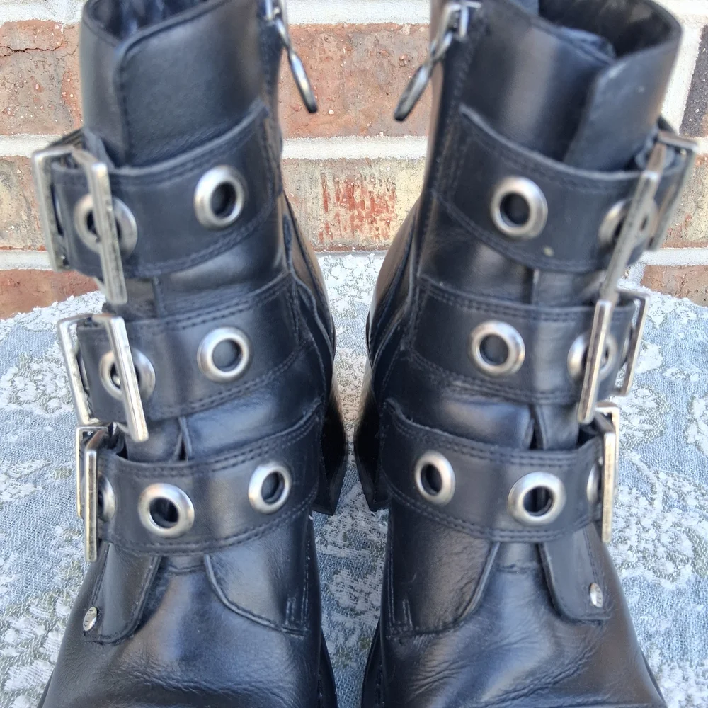 Harley-Davidson Black Leather Moto Combat Boots Sz 5 Biker-Chic Grunge Gothic - Picture 3 of 16